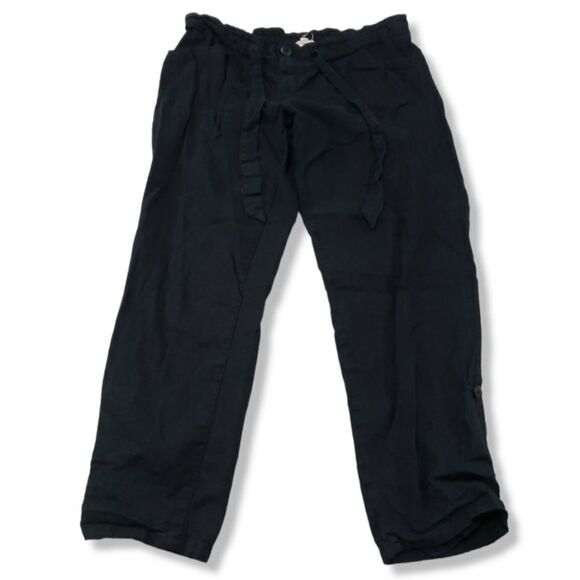 Jolt Pants Size 7 Linen Rayon Blend Casual Lounge Leg Roll Tab Drawstring Black - Picture 1 of 7